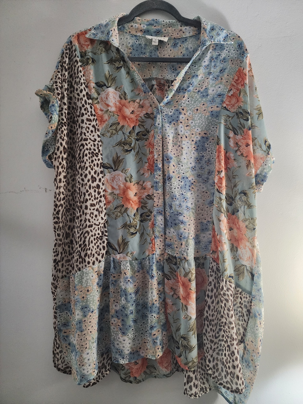 Umgee Patchwork Floral & Animal Print Button-Front Tunic - Blue & Peach
